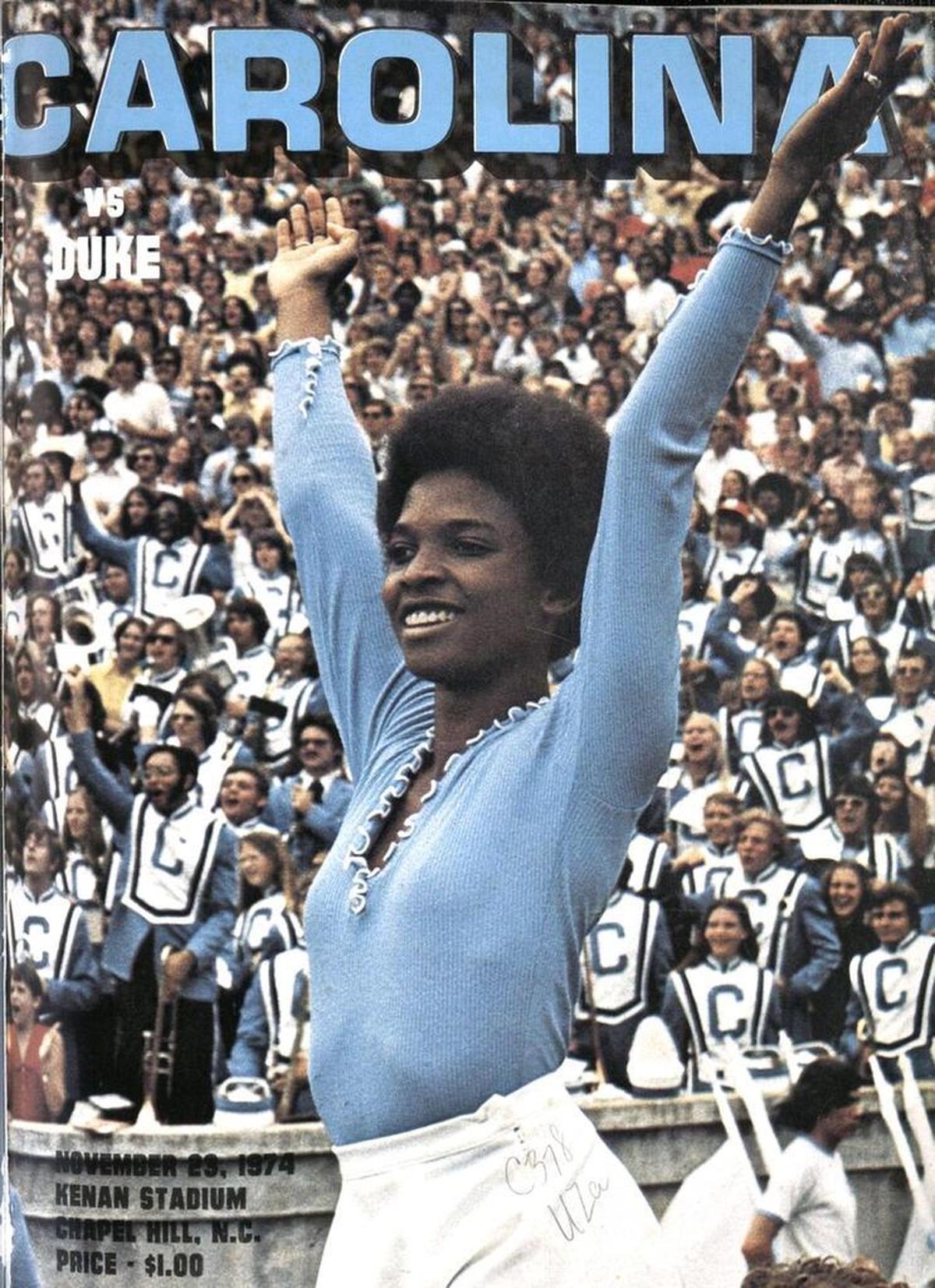Peaches Hauser appeared on the cover of a football program on November 23, 1974, when she was a UNC cheerleader.