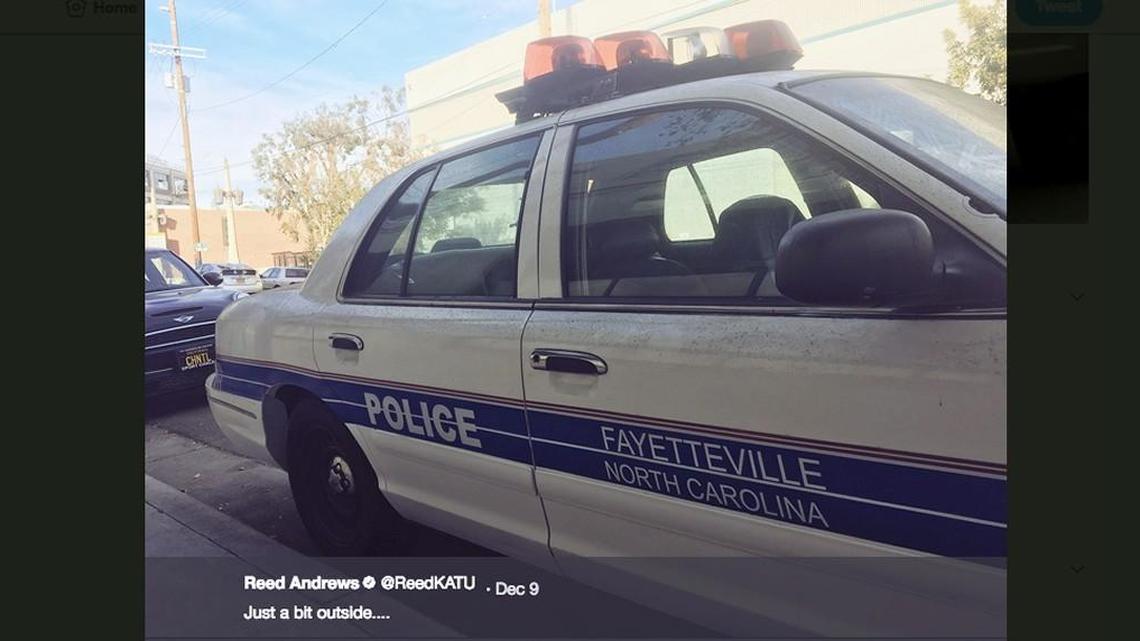 A screenshot of KATU reporter Reed Andrews’ tweet showing a photo of a police cruiser marked with ‘Fayetteville North Carolina’ parked in Los Angeles Saturday, Dec. 9, 2017.