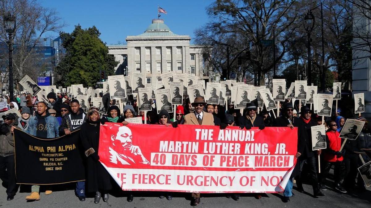 The Martin Luther King Jr. 37th annual Memorial March, pictured in 2016, begins at 11 a.m. Monday, Jan. 16, from the Edenton Street side of the State Capital Building in downtown Raleigh. Lineup begins at 10 a.m. trianglemlk.com