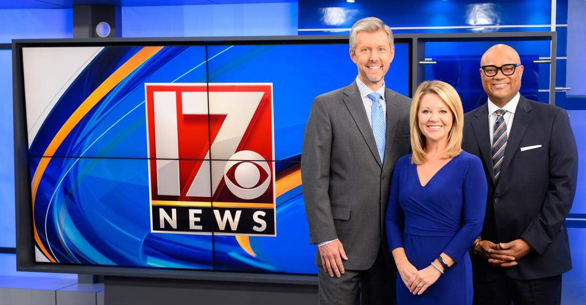 Meteorologist Wes Hohenstein, left, and anchors Angela Taylor and Rod Carter of CBS 17.