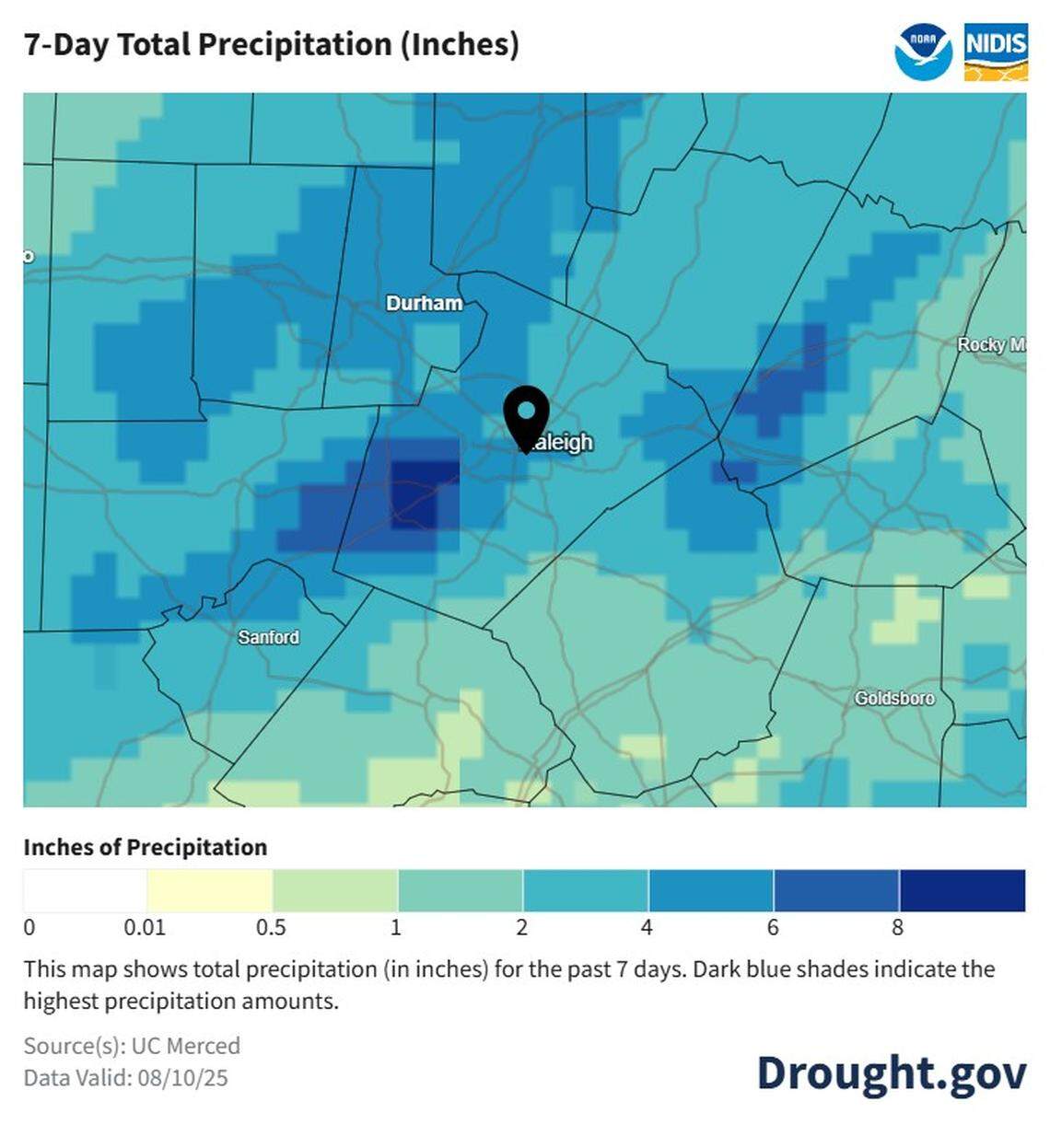 Most of the Triangle received between 2 and more than 8 inches of rain from Wednesday, Aug. 6 through Tuesday, Aug. 12.