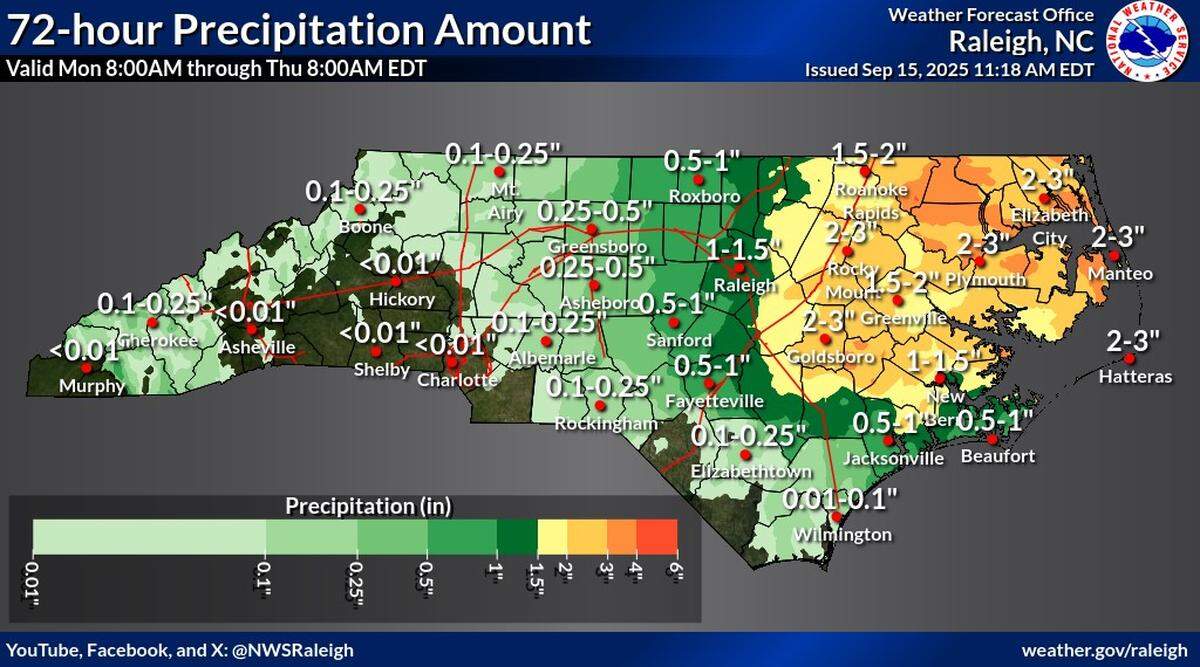 Areas east of the Triangle are expected to receive more rain over the next three days, compared to places including Raleigh and Durham.
