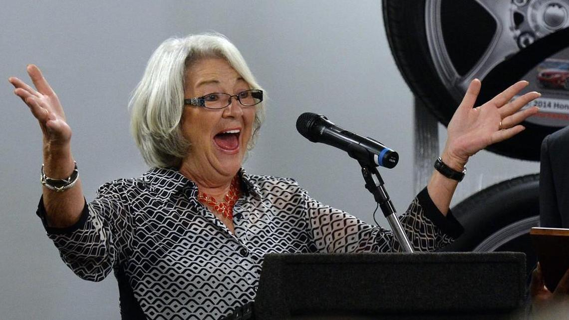 N.C. Labor Commissioner of Labor, Cherie Berry, reacts as she speaks with employees at the Bridgestone tire plant in Wilson, N.C. Thursday, July 30, 2015.