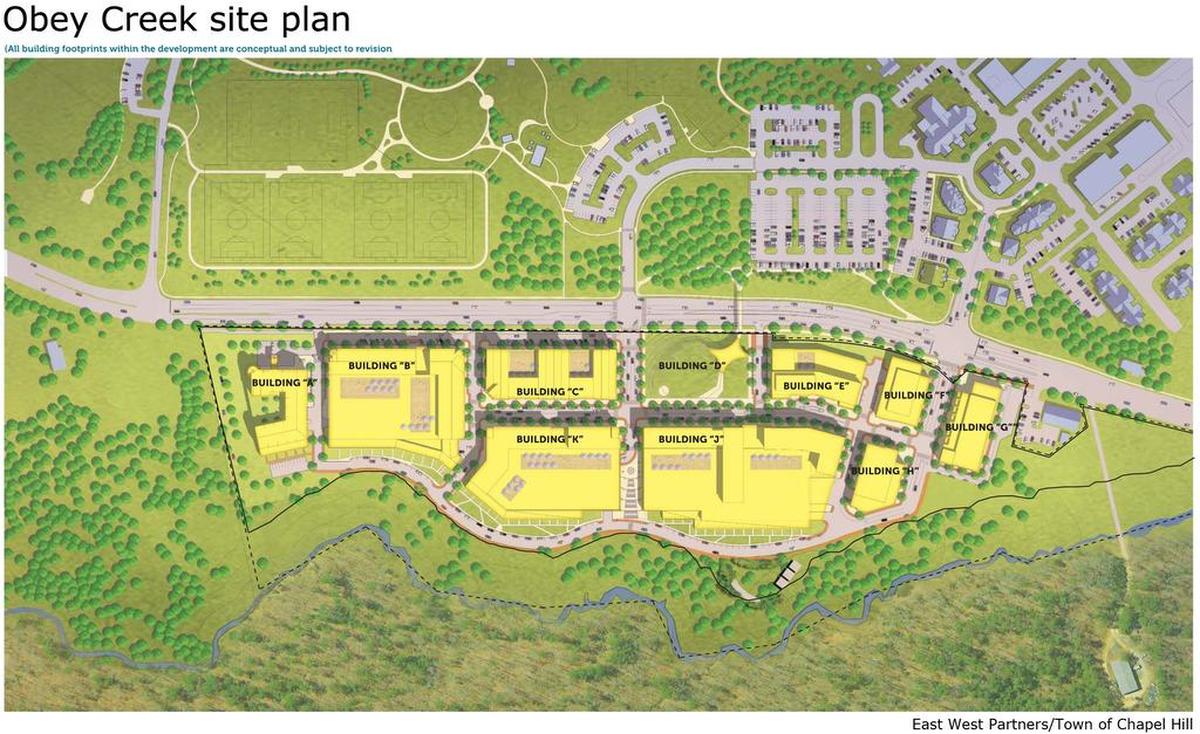 The South Creek project would largely follow the outline of the Obey Creek development that was approved for the same site in 2015. Obey Creek would have had 10 buildings, small parks and new streets on 35 acres, with an 85-acre Wilson Creek Preserve (at the bottom of the image).