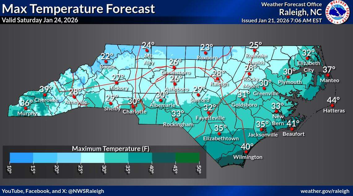 High temperatures Saturday, Jan. 24 in the Triangle are expected to stay below freezing.