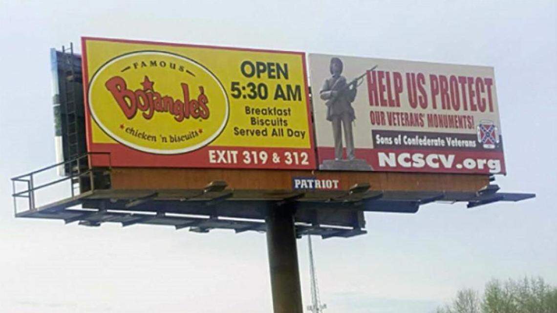 The North Carolina division of the Sons of Confederate Veterans publicized a billboard ad on Interstate 40 near Benson, N.C., promoting the protection of Confederate memorials on April 5, 2018.