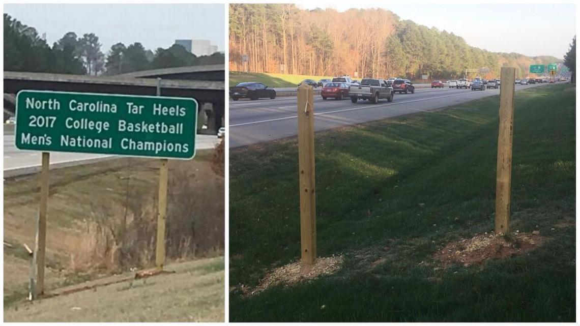 Two signs trumpeting the Tar Heels’ 2017 national championship were put up by the NC DOT recently. The one along westbound Interstate 40 at the Durham County line, left, is still there. The other, along I-40 near PNC Arena, home of the N.C. State University Wolfpack, is gone. Only the sawed off posts that held the sign remain.