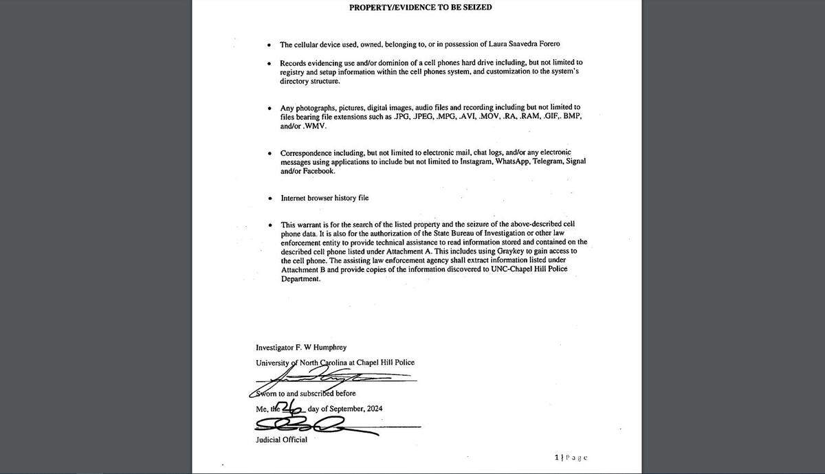 A page from a Sept. 26, 2024 search warrant defining what UNC-Chapel Hill police can review on Laura Saavedra Forero’s cellular telephone.