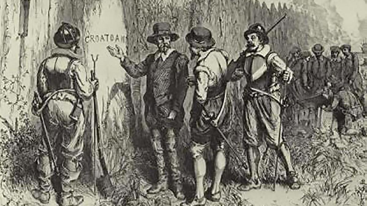 John White discovers the word "CROATOAN" carved at Roanoke's fort palisade.
