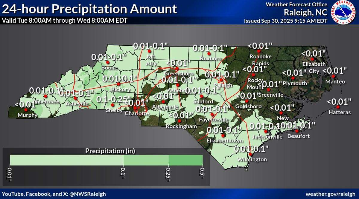 The Triangle and Charlotte area could get some rain Tuesday, Sept. 30, but nothing too significant.
