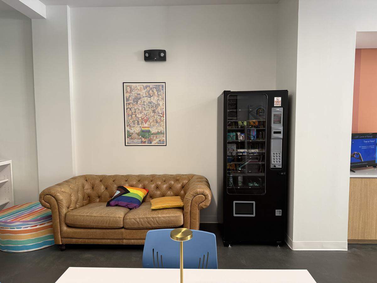 The LGBT Center of Raleigh’s harm reduction kiosk offers items such as personal hygiene products in a vending machine.