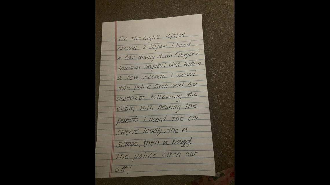 A photo of a statement written out at the Raleigh Police Department by James Jaime about what he heard the night Tyrone Mason died in a wreck on Capital Boulevard.