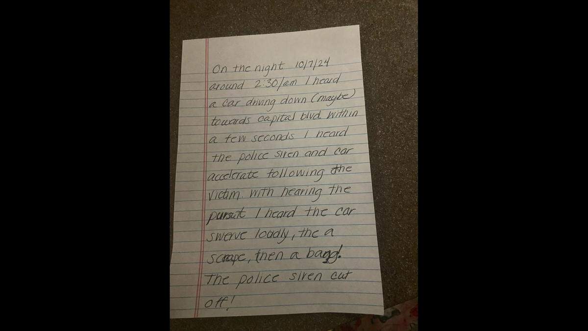 A photo of a statement written out at the Raleigh Police Department by James Jaime about what he heard the night Tyrone Mason died in a wreck on Capital Boulevard.