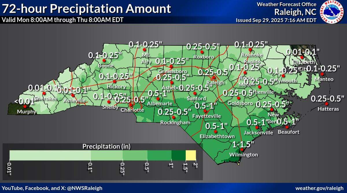Rain is expected across North Carolina for the first part of the week, though Humberto and Imelda should remain offshore.