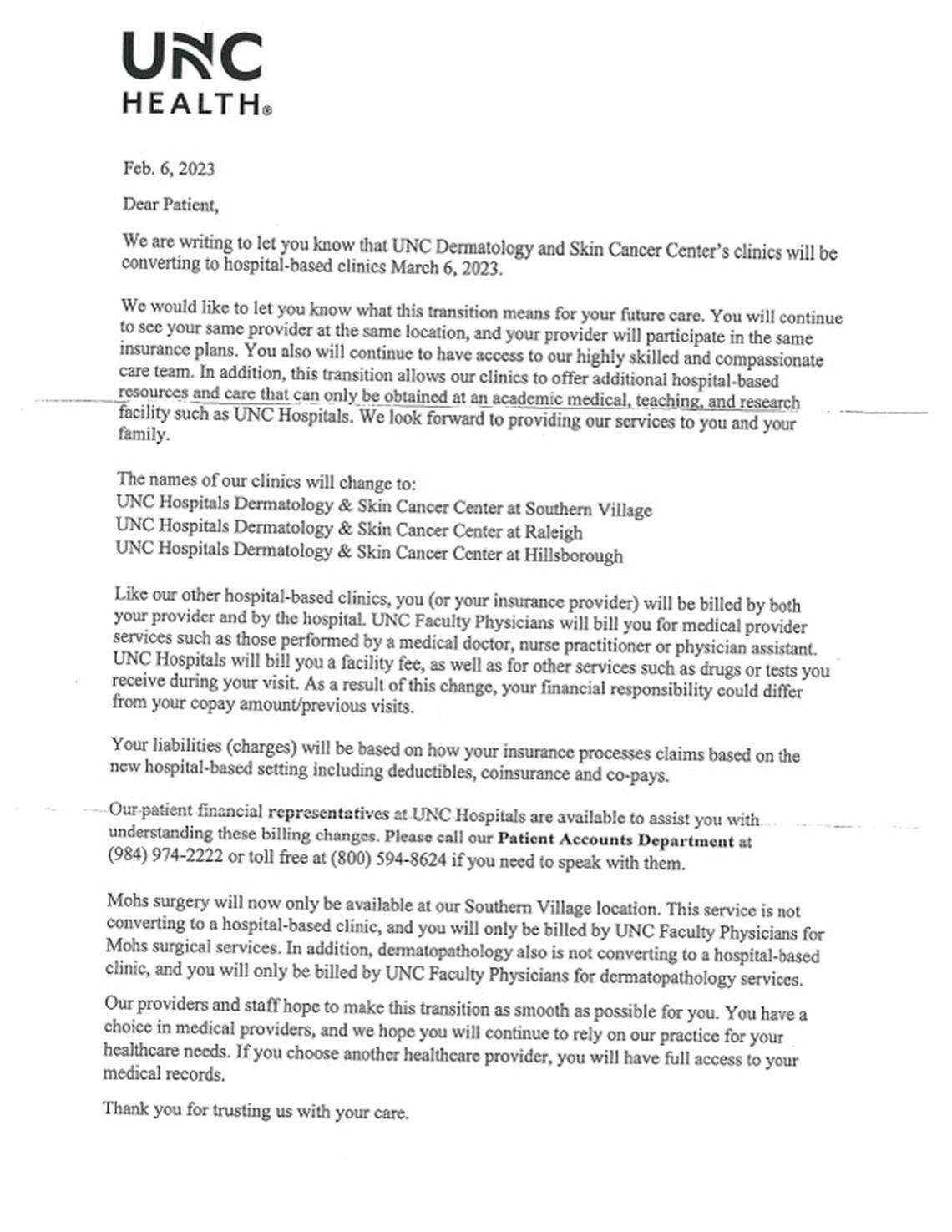 The letter UNC health sent to patients in early February.