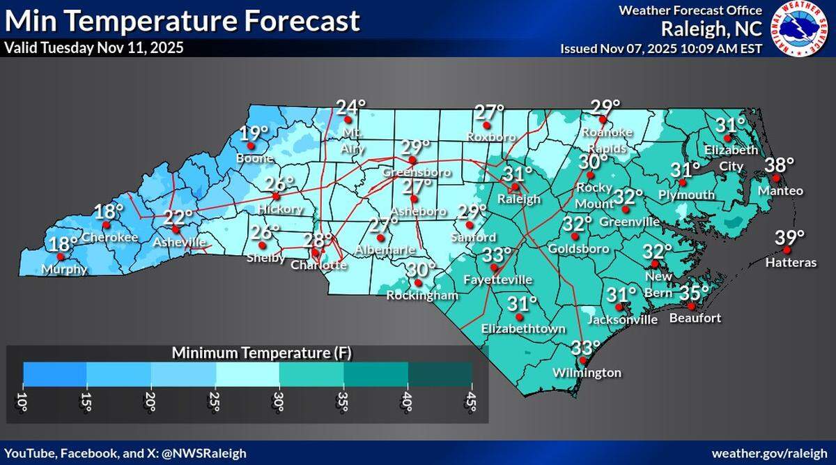 The coldest temperatures of the season are expected across central North Carolina early next week.