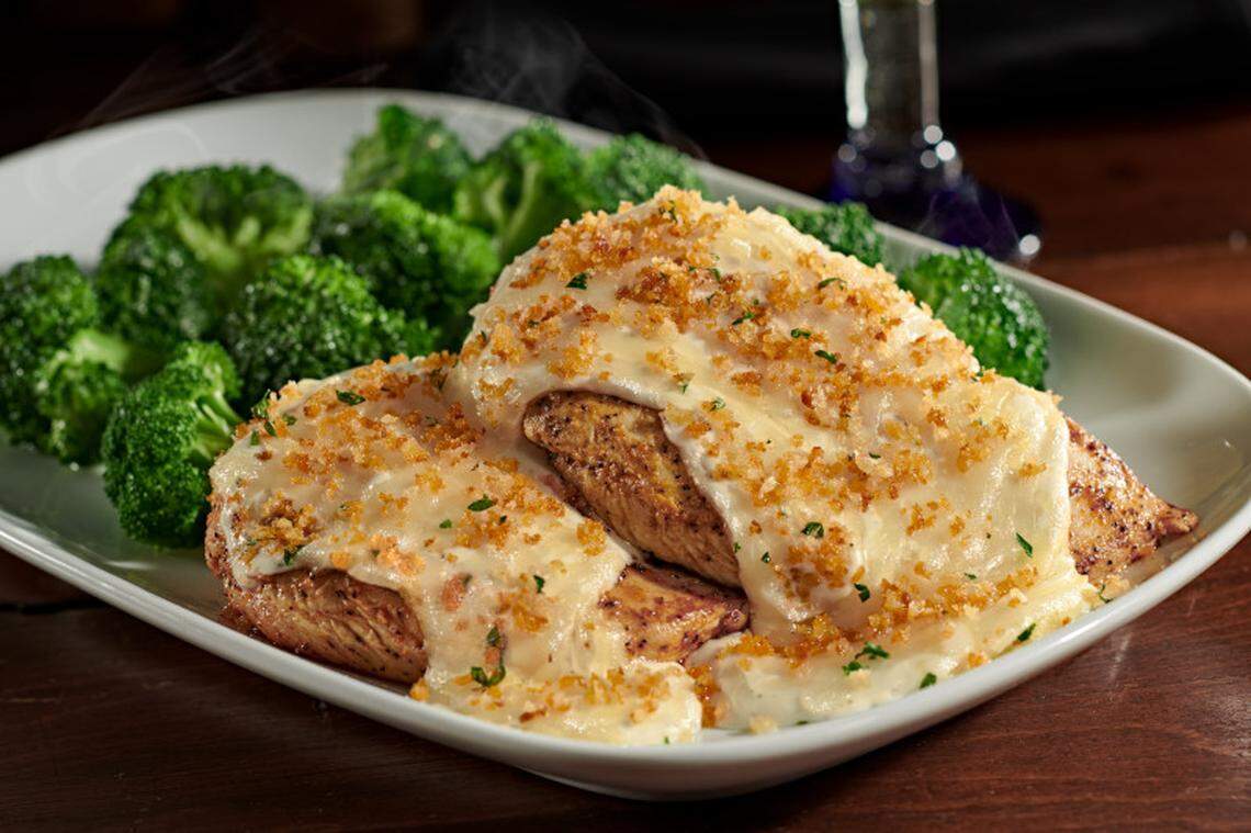 Parmesan-crusted chicken with broccoli from LongHorn Steakhouse, a new restaurant in Selma.
