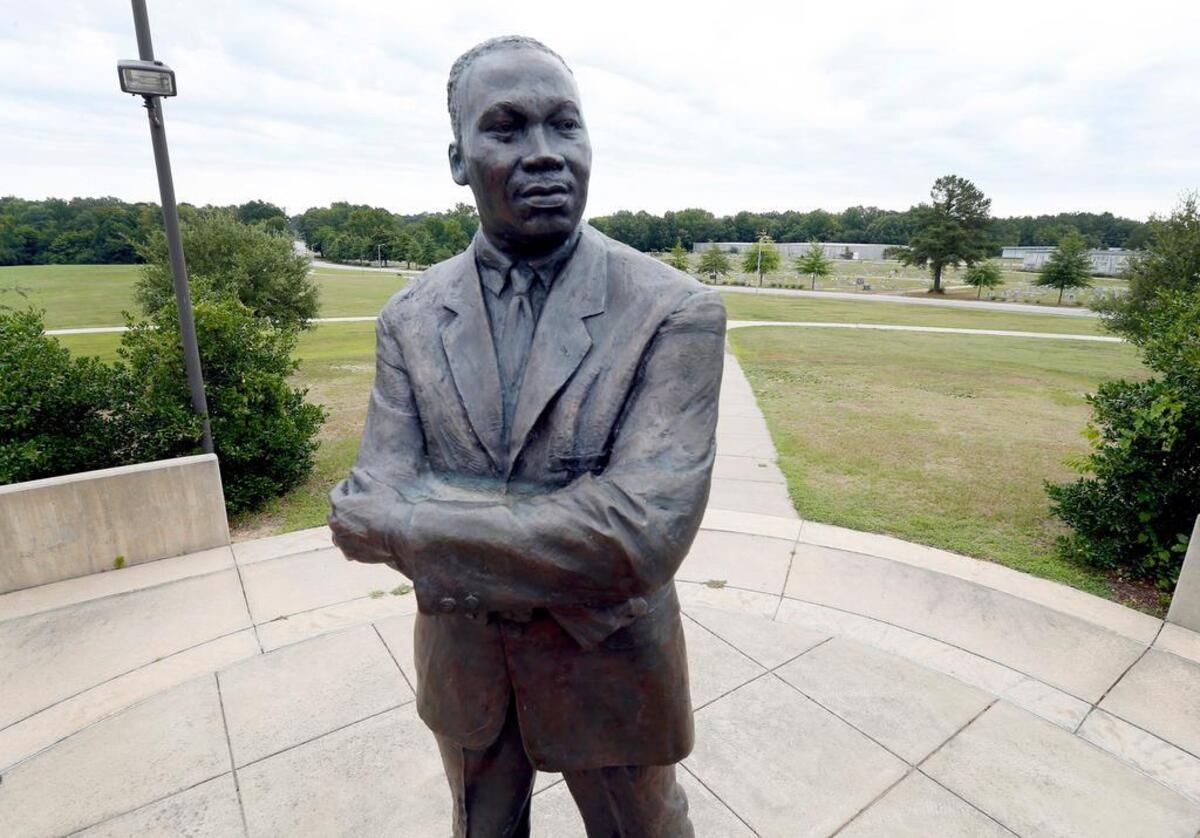The commemorative statue at Martin Luther King Jr. Park in Rocky Mount is seen on August 10, 2015. He gave a speech at a gymnasium near here in November 1962 that previewed his famous “I Have a Dream” speech given the next year in Washington D.C.