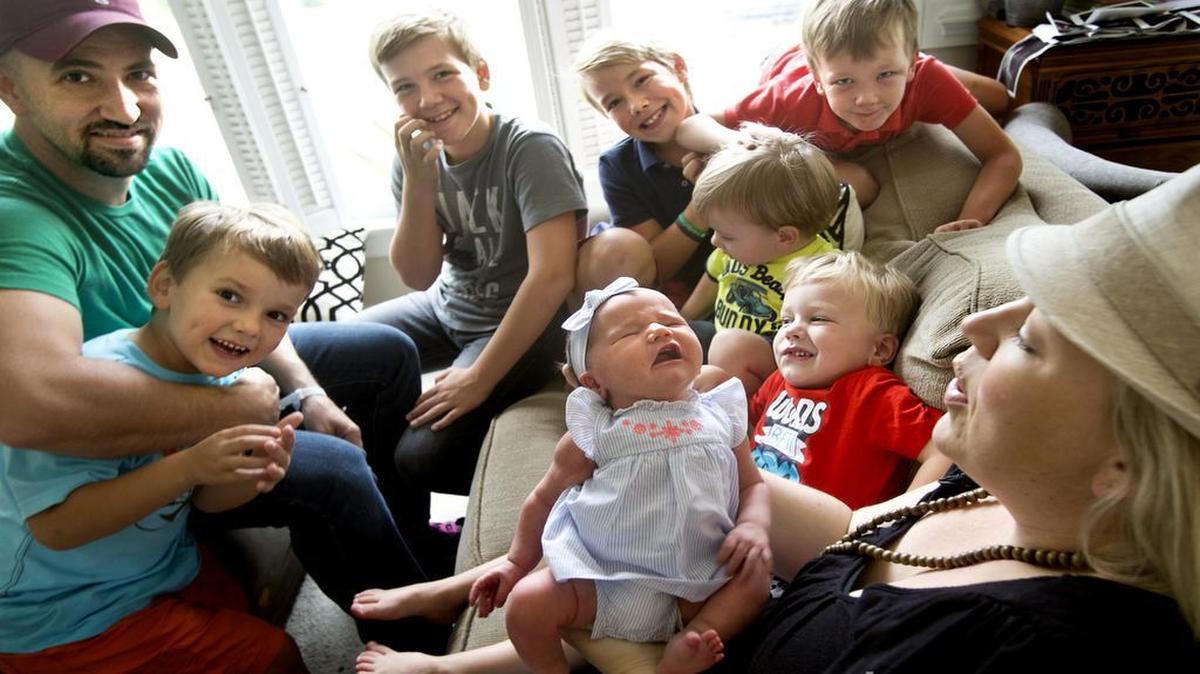 
Cher and Stephen Lair arrive home with their seventh child, Ruby, who is their first girl. The family from left, Stephen, Houston, 5, Jackson, 13, Campbell, 10, Knox, 2, Sawyer, 7, Shepherd, 4, Ruby, 4 days old, and Cher in their Apex, N.C. home on Saturday, August 29, 2015.
