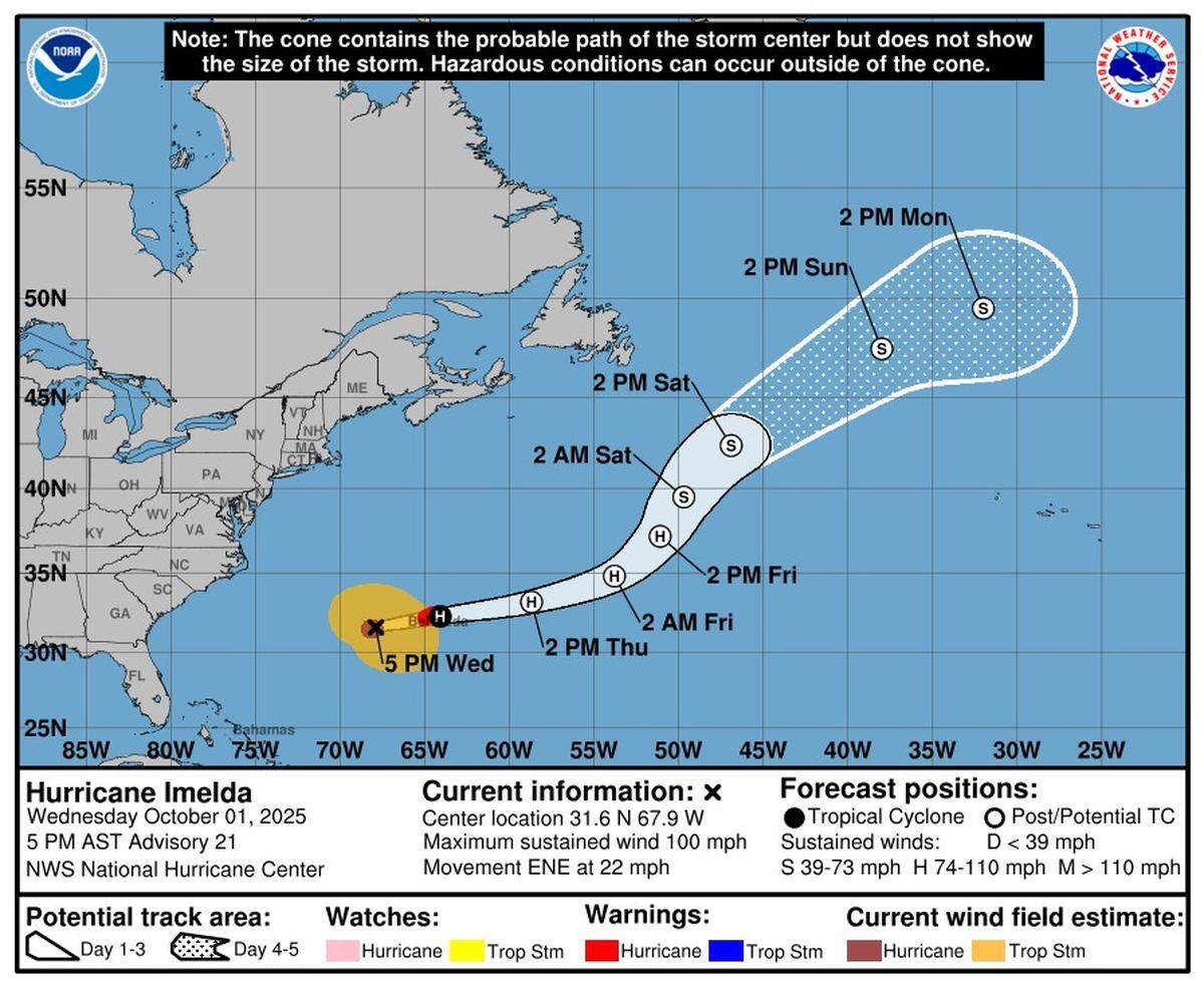 Hurricane Imelda was expected to approach Bermuda on Wednesday night, Oct. 1, and move away from the island by Thursday afternoon, Oct. 2.
