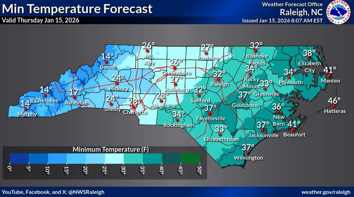 A hard freeze is expected Thursday night, Jan. 15, as cold Arctic air spreads into central North Carolina.