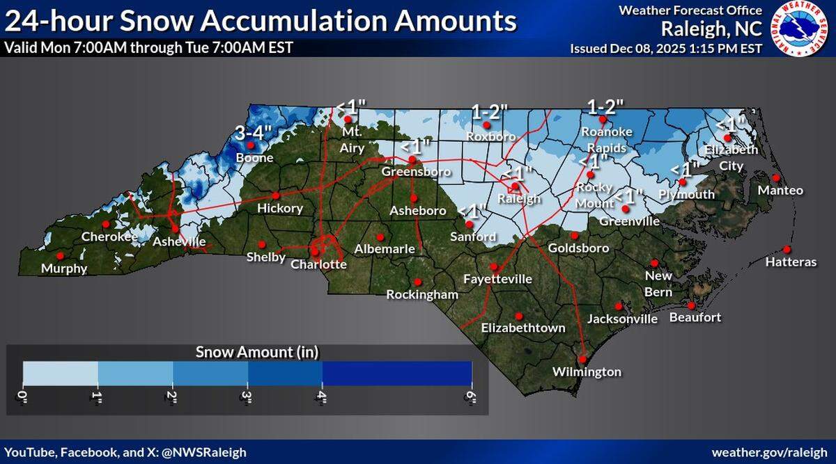 Up to an inch of snow was in the forecast for the Triangle on Monday, Dec. 8, while North Carolina counties near the Virginia border expected to receive more snow.
