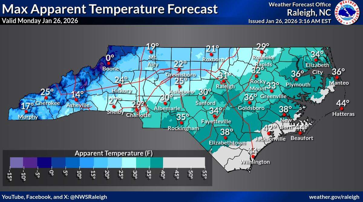 Cold apparent temperatures are expected to continue Monday, Jan. 26, though the precipitation has cleared out of the Triangle.