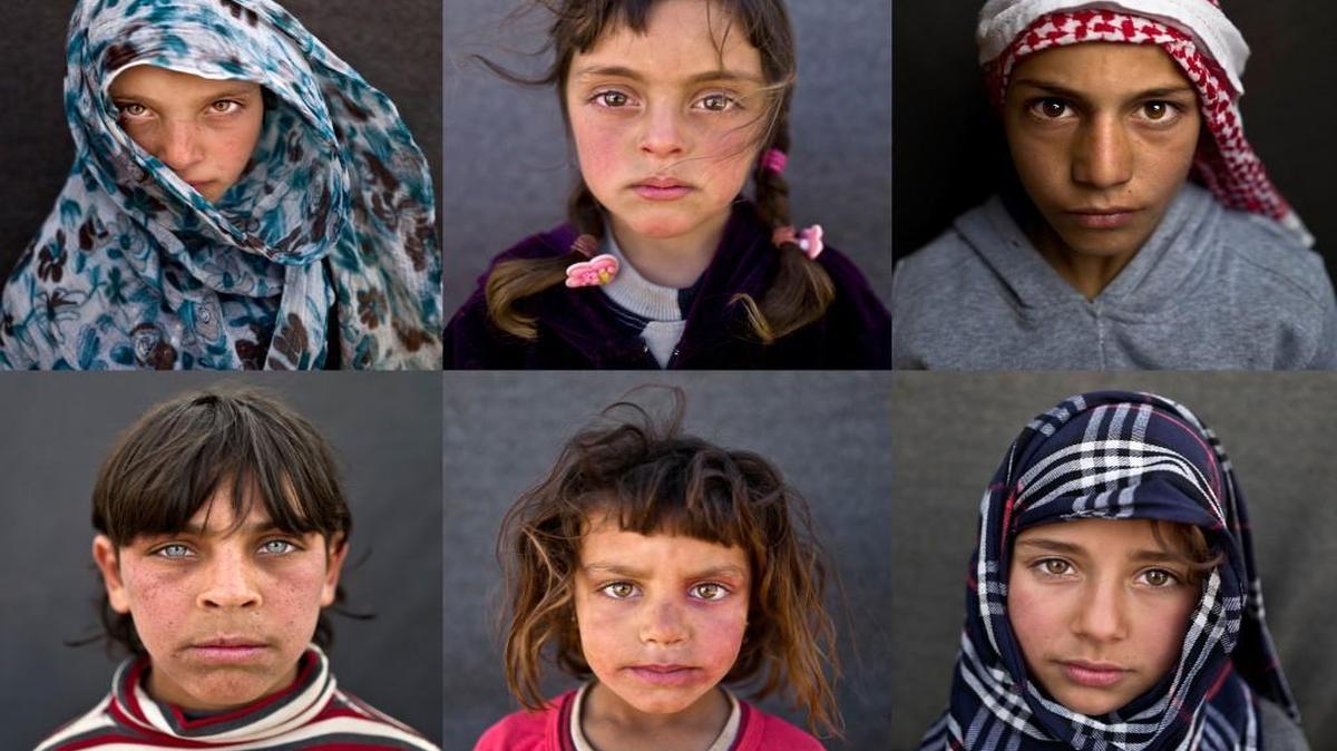 At an informal tented settlement near the Syrian border on the outskirts of Mafraq, Jordan, Syrian refugee children pose for portraits. They are, clockwise from top left, Amna Zughayar, 9, from Deir el-Zour; Zahra Mahmoud, 5, from Deir el-Zour; Mohammed Bandar, 12, from Hama; Hiba So'od, 6, from Hassakeh; Mona Emad, 5, from Hassakeh and Rakan Raslan, 11, from Hama. About half of the 4.8 million Syrians who fled their homeland are children, and some of the most vulnerable live in dozens of makeshift tent camps, including Jordan, which has taken in close to 640,000 refugees. Children in these camps near the northern city of Mafraq say they miss their old lives in Syria, especially going to school.