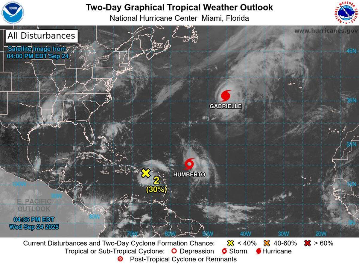 As Hurricane Gabrielle moves east, Tropical Storm Humberto is expected to intensify into a hurricane in coming days.