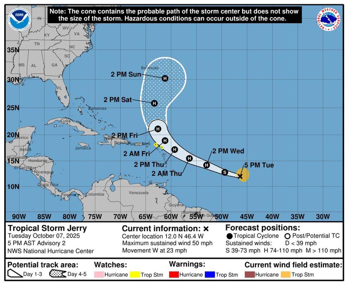 Tropical Storm Jerry formed Tuesday, Oct. 7. It is expected to be near or north of the northern Leeward Islands late Thursday, Oct. 9 and Friday, Oct. 10.