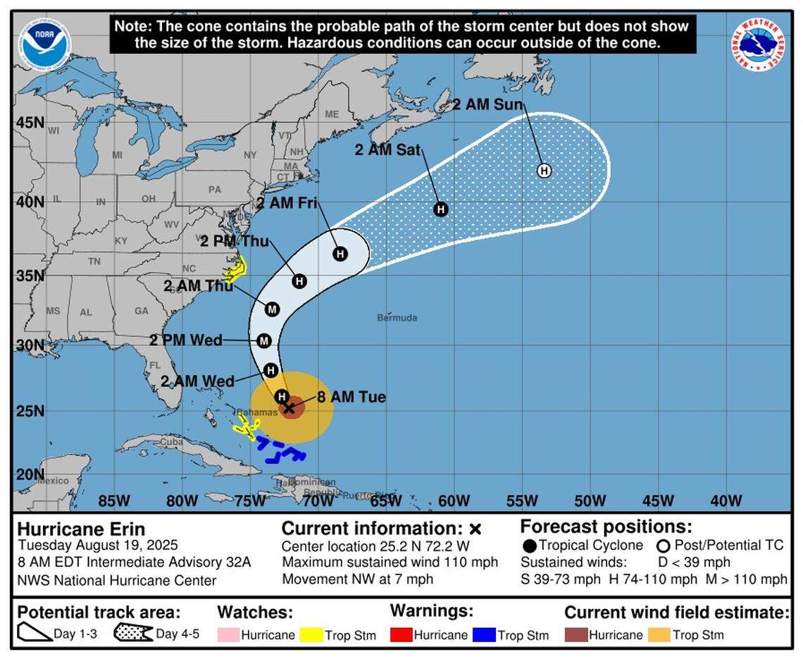 The center of Hurricane Erin is expected to pass between the East Coast and Bermuda on Wednesday and Thursday.