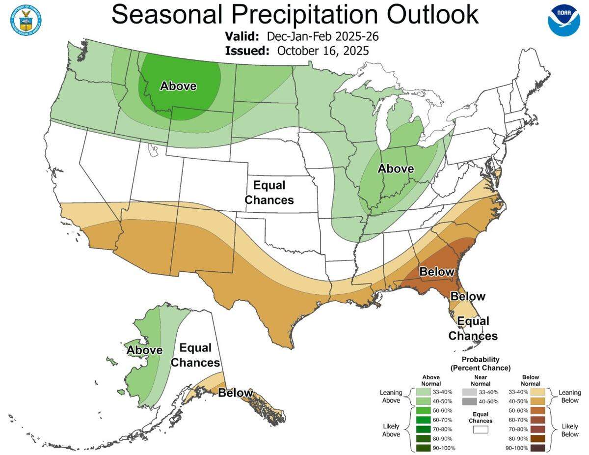 Most of North Carolina will likely get below-normal precipitation this winter, according to the Climate Prediction Center.