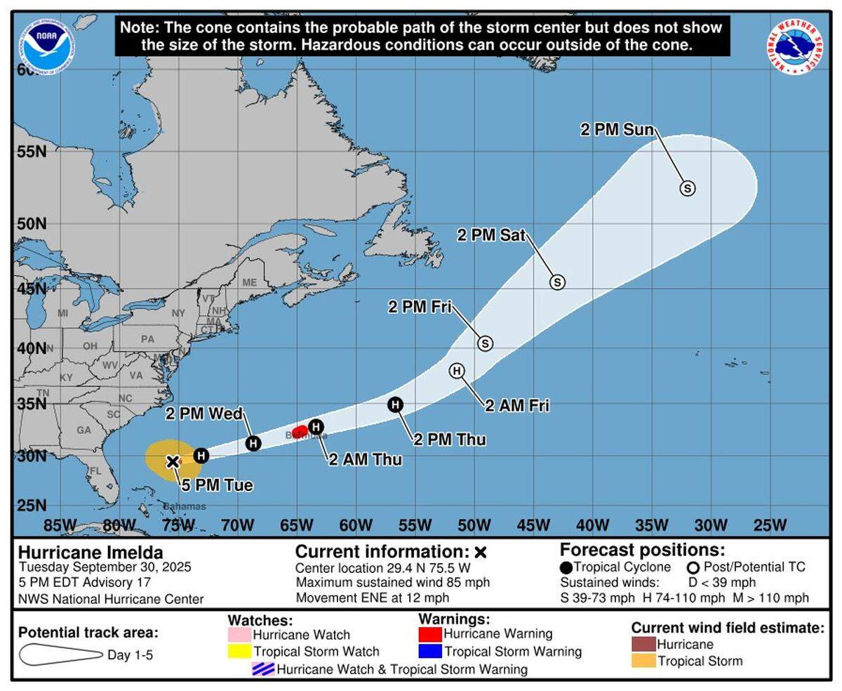 Hurricane Imelda was moving at 12 mph toward the east-northeast around 5 p.m. Tuesday, Sept. 30.
