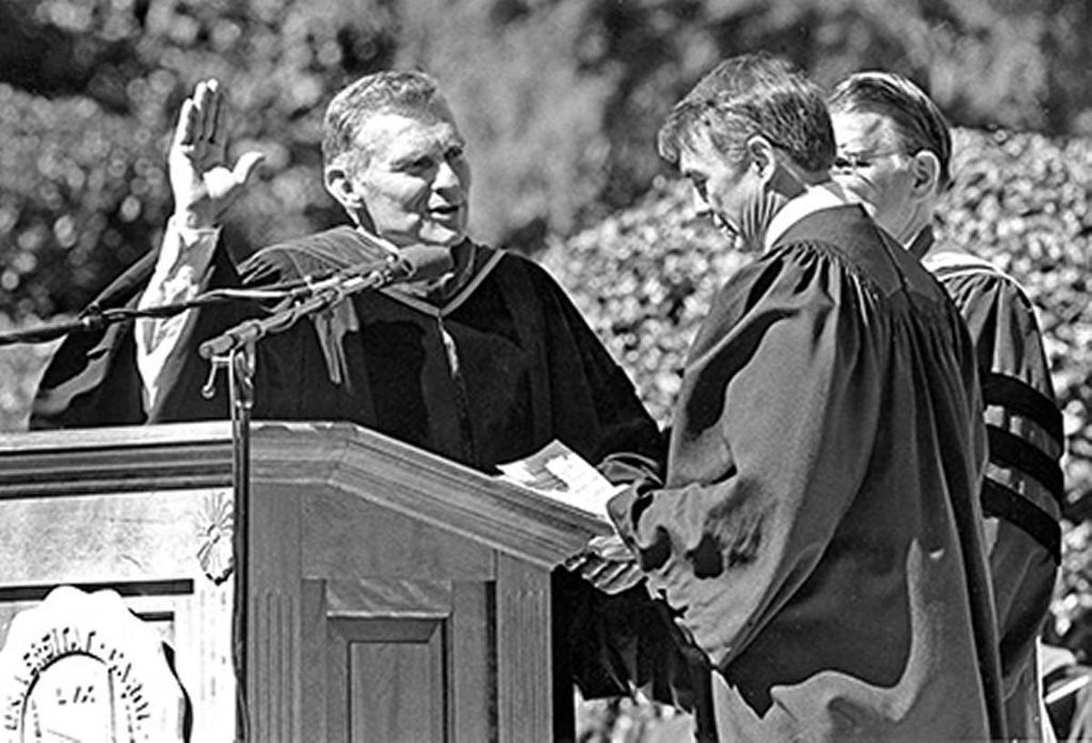 Paul Hardin is sworn in as the seventh Chancellor of the University of North Carolina at Chapel Hill in 1988.