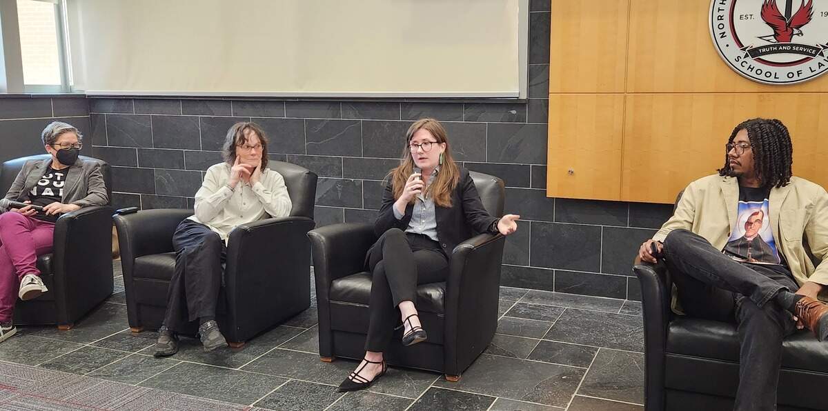 From left to right, Ruby Sinreich, Lisa Rowden, Katelyn Campbell, and Xavier Adams came together at North Carolina Central University to celebrate a recent $120,000 settlement payment from Alamance County and Graham officials after the four were arrested at 2019 protest.