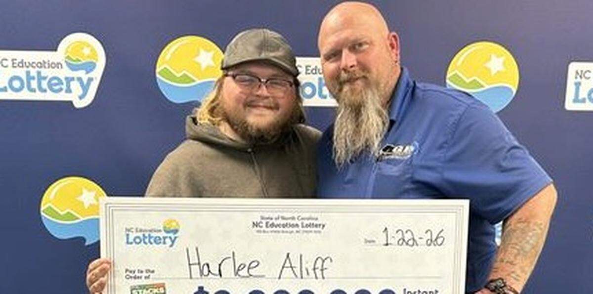 A person with long blonde hair and a baseball cap stands next to a man with a grey beard while holding a large NC Education Lottery ceremonial check made out to Harlee Aliff. The background features several blue and yellow NC Education Lottery logos.