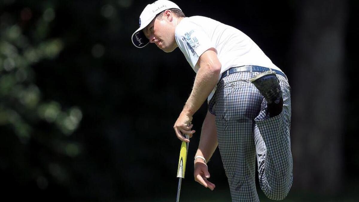 Kyle Reifers reacts to a missed birdie putt on the eighth green during the Final Round of the DEAN & DELUCA Invitational at Colonial Country Club on May 29, 2016 in Fort Worth, Texas.