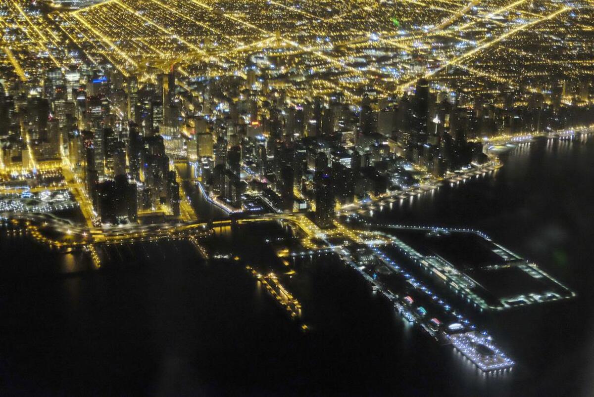 Lights illuminate the downtown Chicago skyline in 2016.