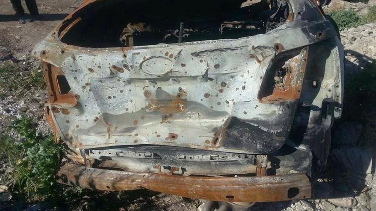 Raja'a Zidan al-Ekabee sent this photo of her Kia Sorento to the U.S. Embassy along with an email saying that Americans had blown up her car in an airstrike, killing the driver and five of his relatives.