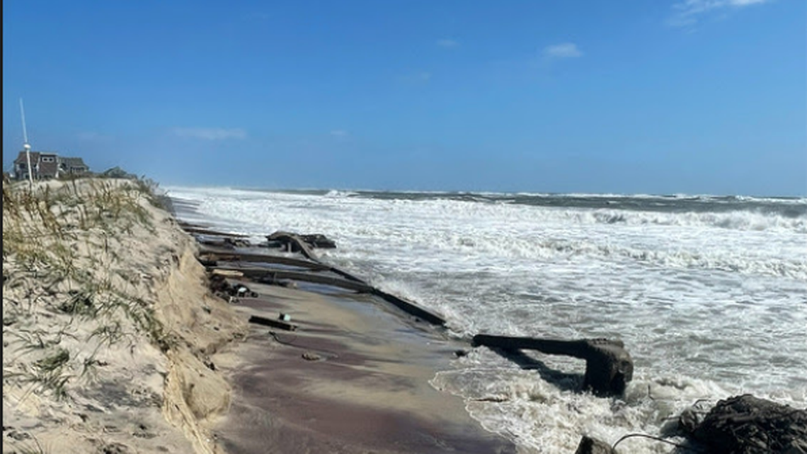 Beach erosion caused by Hurricane Franklin and Tropical Storm Idalia revealed “potentially hazardous infrastructure from a former military site” at Cape Hatteras National Seashore.