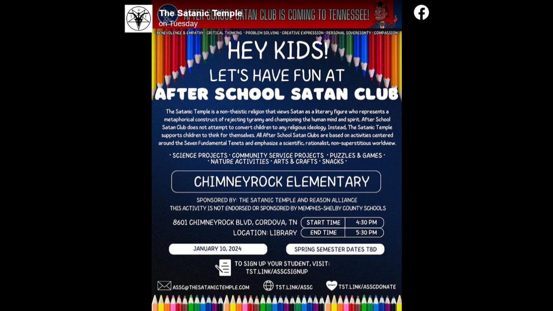 The Satanic Temple is planning to start a chapter of its After School Satan Club at an elementary school in Tennessee. Students will need a permission slip to participate.