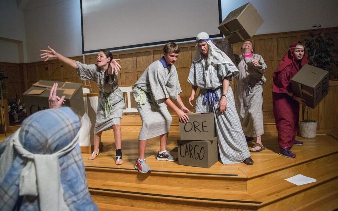
Bo Thorp, foreground left, directs, from left, Taylor Ann Knott, 11, William Thorp, 15, O.T. Lunsford, Clay Thorp, and Olivia Rice, 15, as they rehearse a play depicting the biblical story of Jonah during vacation bible school Wednesday at The Church of the Good Shepherd in Durham.

