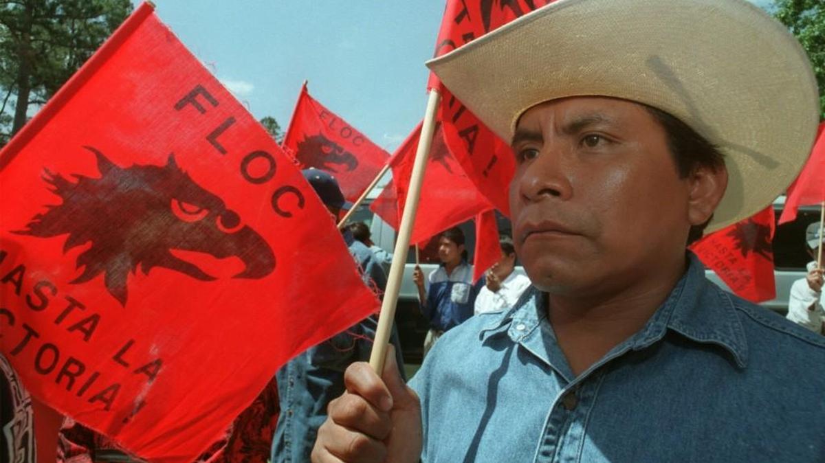 In this file photo, Efrain Hernandez, a migrant farmworker from Mexico, shows his support for workers during a Farm Labor Organizing Committee rally in Mount Olive.