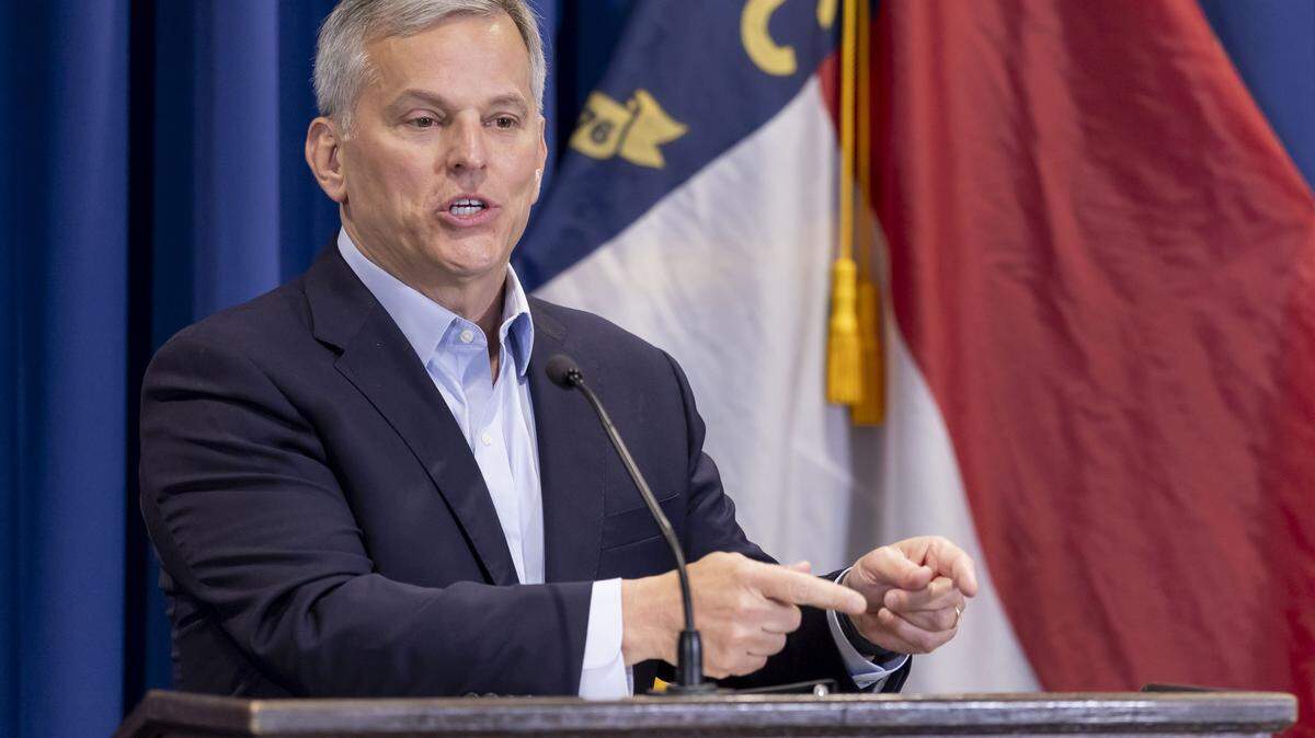 North Carolina Governor Josh Stein addresses law enforcement pay, tax cuts, and raises for State employees, during a press briefing on Wednesday, May 27, 2026 at the Albemarle Building in Raleigh, N.C.