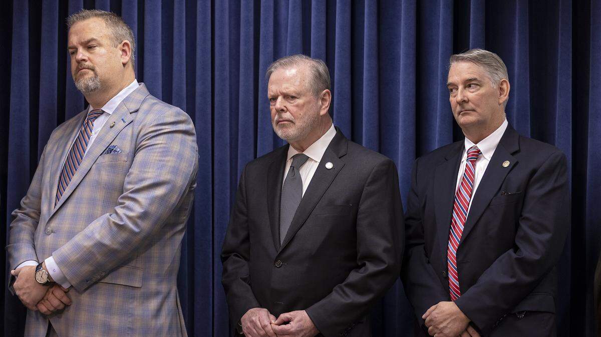 From left, Sen. Todd Johnson, Sen. Phil Berger and Sen. Buck Newton listen during a press conference held by N.C. Senate Republicans about the Parents’ Bill of Rights legislation on Wednesday, Feb. 1, 2023, in Raleigh, N.C.
