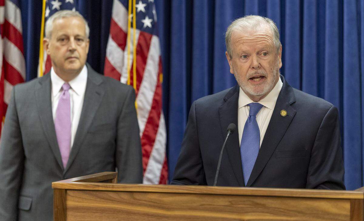 North Carolina Senate leader Phil Berger, front, and U.S. Senate candidate Michael Whatley, left, address the murder of Iryna Zarutska in Charlotte during a press briefing Sept. 11, 2025 at the General Assembly in Raleigh.
