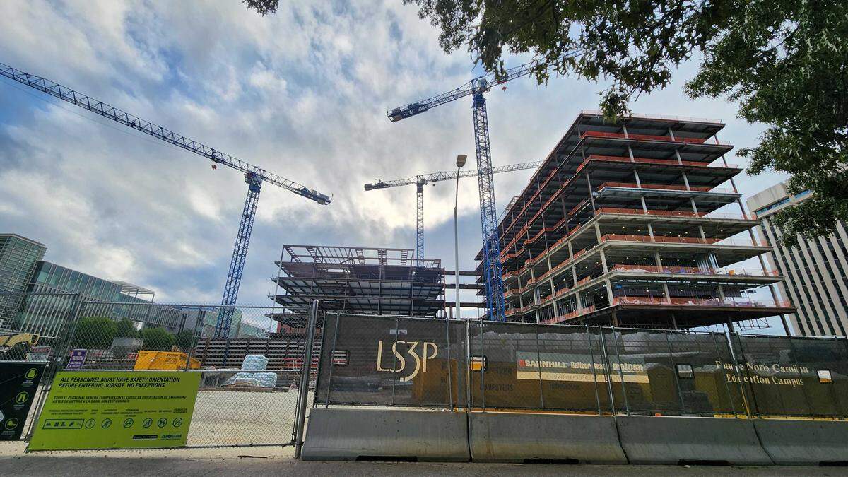 The North Carolina Education Campus under construction on April 28, 2026, viewed from Salisbury Street in downtown Raleigh, NC. It will house offices for the UNC System, Community Colleges and departments of Public Instruction and Commerce.