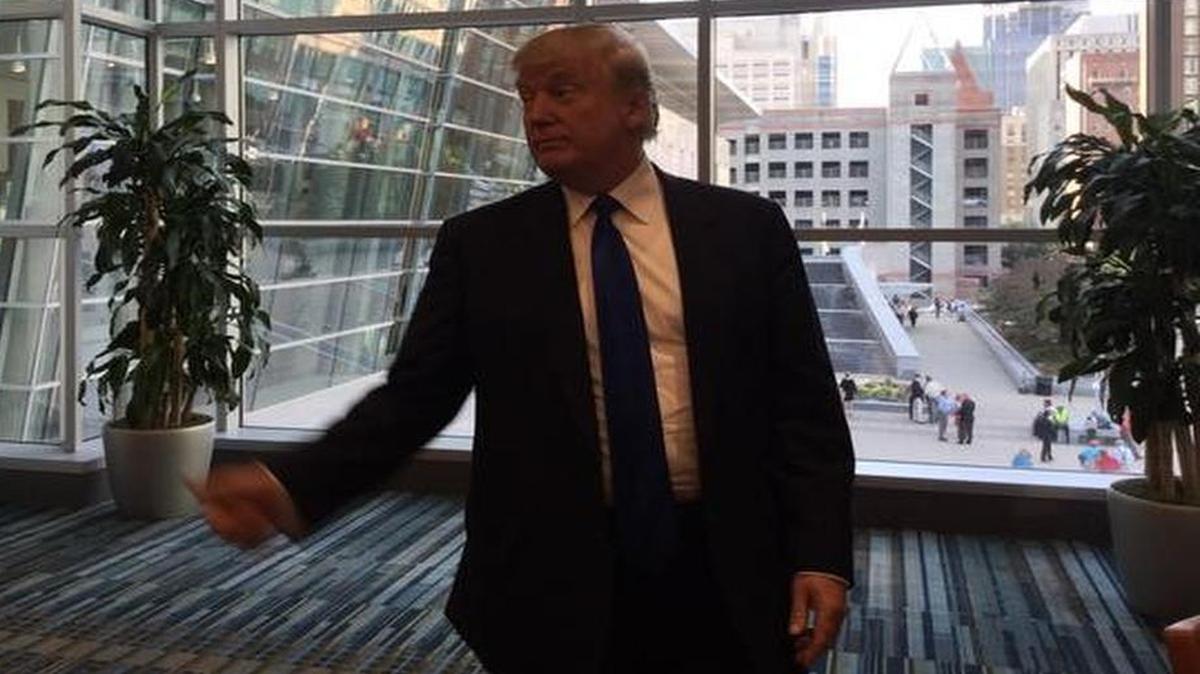 
Donald Trump speaks to reporters before his sold-out speech to the N.C. Republican Party’s convention in Raleigh on Saturday
