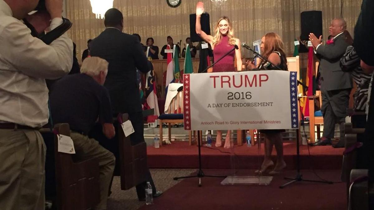 Lara Trump, wife of Eric Trump, spoke to the crowd about the character of the Trump family.