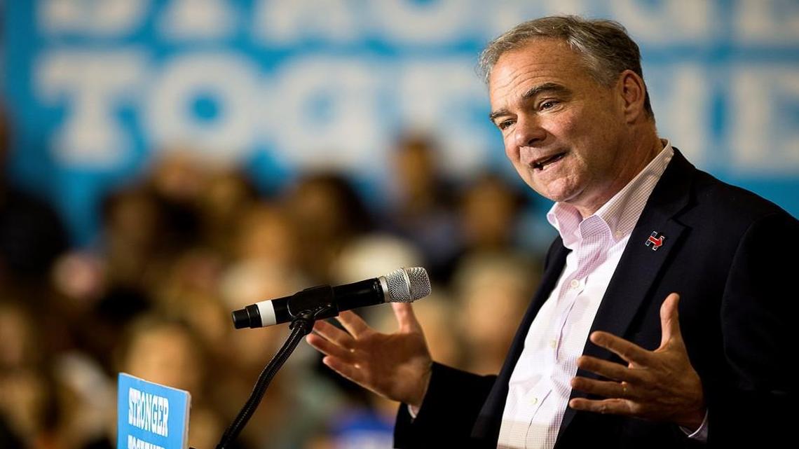 Democratic vice presidential candidate Tim Kaine speaks to supporters Monday, Aug. 15, 2016, in Asheville, N.C. (Maddy Jones/The Asheville Citizen-Times via AP)